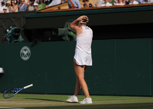 RECORD DATE NOT STATED 9th July 2026; All England Lawn Tennis and Croquet Club, London, England; Wimbledon Tennis Tournament, Day Eleven; Linda Noskova (CZE) in shock after defeating Marta Kostyuk (UKR) to reach the Ladies Singles Final JohnxPatrickxFletcher