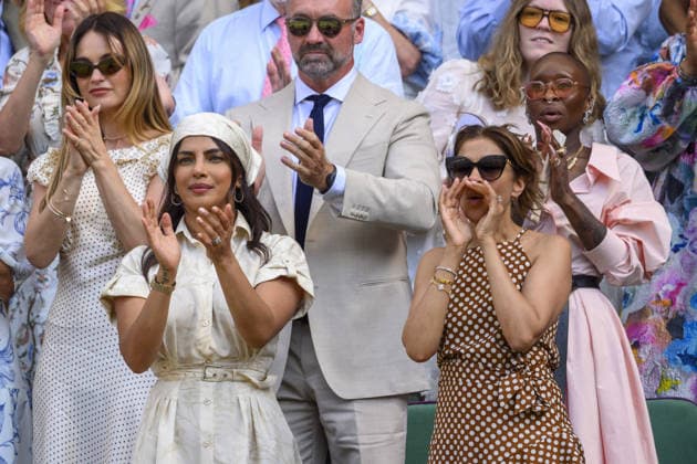 Wimbledon Tennis Championships 2026 - Day 11 LONDON, UNITED KINGDOM - JULY 09: Actress Lily James (rear left), actress Priyanka Chopra (L), Angela Acharia (R) and actress Cynthia Erivo (rear right) watch centre court tennis during day eleven of the 2026 Wimbledon Tennis Championships at The All England Lawn Tennis and Croquet Club in Wimbledon on July 09, 2026, in London, United Kingdom. Ray Tang Anadolu London United Kingdom. Editorial use only. Please get in touch for any other usage.  Copyright: x2026xAnadoluxRayxTangx