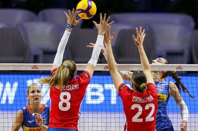Czech Republic v Netherlands - Women s Volleyball Nations League BELGRADE, SERBIA - JULY 9: Koulisiani (8) and Orvosova (22) of Czech Republic in action during the 2026 FIVB Volleyball Women s Nations League match between the Czech Republic and Netherlands in Belgrade, Serbia, on July 9, 2026. Filip Stevanovic Anadolu Belgrade Serbia. Editorial use only. Please get in touch for any other usage.  Copyright: x2026xAnadoluxFilipxStevanovicx