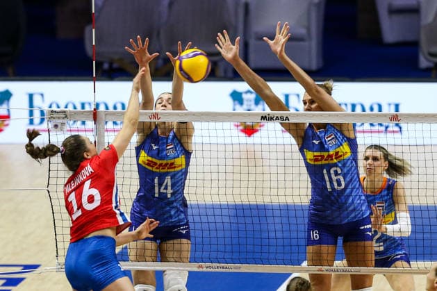 Czech Republic v Netherlands - Women s Volleyball Nations League BELGRADE, SERBIA - JULY 9: Kok (20) of Netherlands in action against Koulisiani (8) of Czech Republic during the 2026 FIVB Volleyball Women s Nations League match between the Czech Republic and Netherlands in Belgrade, Serbia, on July 9, 2026. Filip Stevanovic Anadolu Belgrade Serbia. Editorial use only. Please get in touch for any other usage.  Copyright: x2026xAnadoluxFilipxStevanovicx