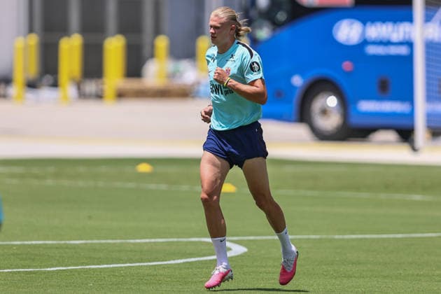 FT LAUDERDALE, FL - JULY 09: Erling Haaland 9 of Norway is seen attending a Norway team training session prior to a FIFA World Cup, WM, Weltmeisterschaft, Fussball 26 Quarter-Final game between Norway and England on July 8, 2026 at the Inter Miami CF Stadium, Fort Lauderdale, Florida.(Photo by Chris Arjoon) SOCCER: JUL 09 FIFA World Cup 26 - Norway Training EDITORIAL USE ONLY Icon26070900000038
