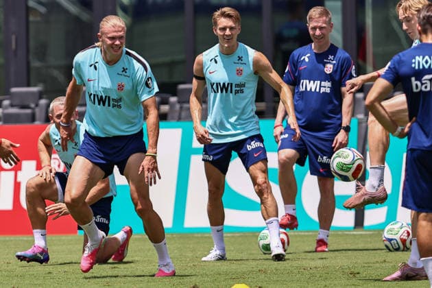 FT LAUDERDALE, FL - JULY 09: Erling Haaland 9 and Martin Odegaard 10 of Norway are seen attending a Norway team training session prior to a FIFA World Cup, WM, Weltmeisterschaft, Fussball 26 Quarter-Final game between Norway and England on July 8, 2026 at the Inter Miami CF Stadium, Fort Lauderdale, Florida.(Photo by Chris Arjoon) SOCCER: JUL 09 FIFA World Cup 26 - Norway Training EDITORIAL USE ONLY Icon26070900000035