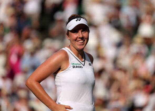 RECORD DATE NOT STATED 9th July 2026; All England Lawn Tennis and Croquet Club, London, England; Wimbledon Tennis Tournament, Day Eleven; Linda Noskova (CZE) in shock after defeating Marta Kostyuk (UKR) to reach the Ladies Singles Final JohnxPatrickxFletcher