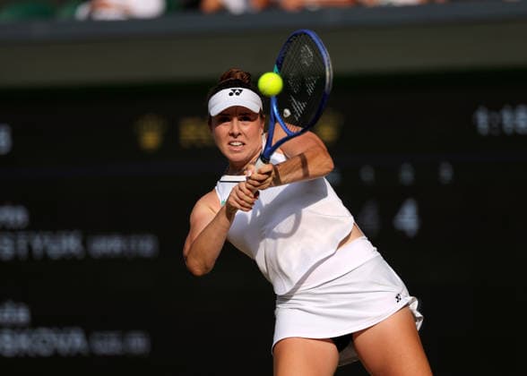 RECORD DATE NOT STATED 9th July 2026; All England Lawn Tennis and Croquet Club, London, England; Wimbledon Tennis Tournament, Day Eleven; Linda Noskova (CZE) with a backhand shot to Marta Kostyuk (UKR) JohnxPatrickxFletcher