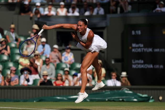 RECORD DATE NOT STATED 9th July 2026; All England Lawn Tennis and Croquet Club, London, England; Wimbledon Tennis Tournament, Day Eleven; Marta Kostyuk (UKR) serves to Linda Noskova (CZE) JohnxPatrickxFletcher
