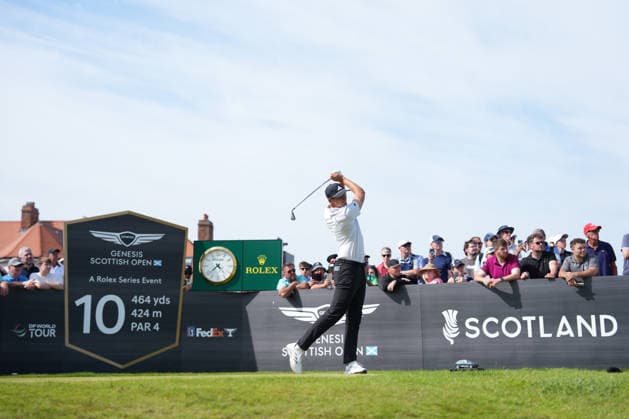 9th July 2026; The Renaissance Club, North Berwick, East Lothian, Scotland: Genesis Scottish Open Golf, Day One; Ludvig Aberg plays his tee shot on the 10th hole AlecxBrown