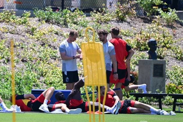 Belgium s players and staff pictured at a training session of Belgian national soccer team Red Devils, on Thursday 09 July 2026 in Carson, Los Angeles County, California, USA. The Rode Duivels - Diables Rouges qualified for the knockout stage of the 2026 FIFA World Cup, WM, Weltmeisterschaft, Fussball where they ll meet Spain in the round of 8 on July 10th. DIRKxWAEM  x180798155x