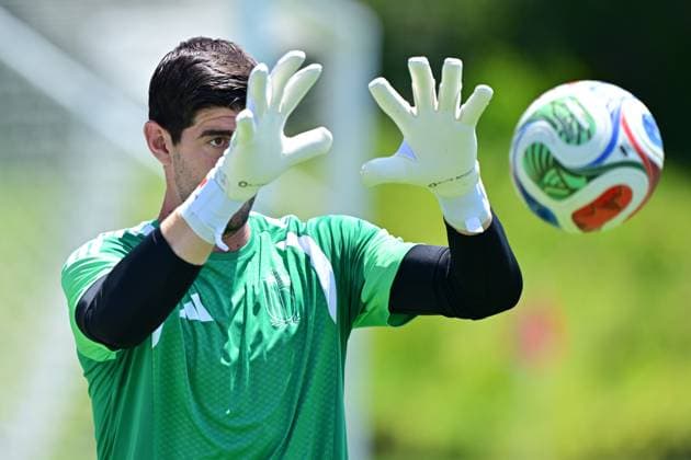 Belgium s goalkeeper Thibaut Courtois pictured during a training session of Belgian national soccer team Red Devils, on Thursday 09 July 2026 in Carson, Los Angeles County, California, USA. The Rode Duivels - Diables Rouges qualified for the knockout stage of the 2026 FIFA World Cup, WM, Weltmeisterschaft, Fussball where they ll meet Spain in the round of 8 on July 10th. DIRKxWAEM  x180799016x