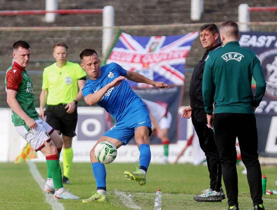 UEFA Europa Conference League First Qualifying Round First Leg, The Oval, Belfast 9 7 2026 Glentoran vs RFS Glentoran™s James Singleton with RFS™s Janis Ikaunieks James Singleton with Janis Ikaunieks 9 7 2026  Copyright: xx 090726JP3football008