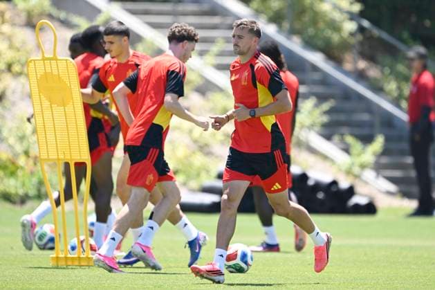 Belgian national football team - FIFA World Cup, WM, Weltmeisterschaft, Fussball 2026 - media activities 09 07 2026 LOS ANGELES, UNITED STATES OF AMERICA - JULY 09 : Castagne Timothy defender of Belgium pictured during a training session at the LA Galaxy stadium ahead of the FIFA World Cup 2026 quarter final match between Spain and Belgium on July 9, 2026 in Los Angeles, United States of America, 09 07 2026 Los Angeles United States of America  Copyright: xNicoxVereeckenx