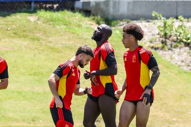 Belgium s Nicolas Raskin, Belgium s Romelu Lukaku and Belgium s Axel Witsel pictured during a training session of Belgian national soccer team Red Devils, on Thursday 09 July 2026 in Carson, Los Angeles County, California, USA. The Rode Duivels - Diables Rouges qualified for the knockout stage of the 2026 FIFA World Cup, WM, Weltmeisterschaft, Fussball where they ll meet Spain in the round of 8 on July 10th. BRUNOxFAHY  x180799869x
