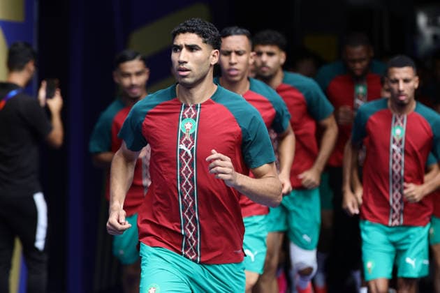 Achraf Hakimi of Morocco leads his team out for the warm up during the FIFA World Cup, WM, Weltmeisterschaft, Fussball 2026 Quarter Final match between France and Morocco at the Boston Stadium, Foxborough, Massachusetts on 9 July 2026. Copyright: xPeterxDovganx 45240021