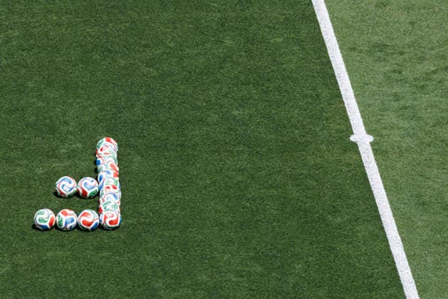 Soccer balls fashion an F on the France side of the pitch before the start of a Quarter-final FIFA World Cup, WM, Weltmeisterschaft, Fussball match between France and Morocco at Boston Stadium in Foxborough on Thursday, July 9, 2026.  BOS20260709302 CJxGUNTHER