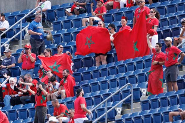 Morocco fans cheer in the stands before the start of a Quarter-final FIFA World Cup, WM, Weltmeisterschaft, Fussball match between France and Morocco at Boston Stadium in Foxborough on Thursday, July 9, 2026.  BOS20260709308 CJxGUNTHER
