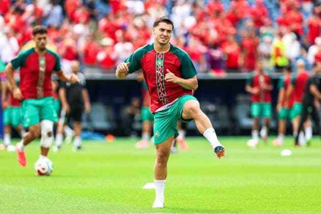 RECORD DATE NOT STATED FIFA World Cup, WM, Weltmeisterschaft, Fussball 2026 - Quarterfinals - France v Morocco Brahim Diaz player of Morocco during the warm-up before the FIFA World Cup quarterfinal match between France and Morocco, at Boston Stadium, in Foxborough, United States, on Thursday, July 09, 2026.(Foto: William Volcov Brazil Photo Press IMAGO) Sports Foxborough MA United States Copyright: xWILLIAMxVOLCOVx