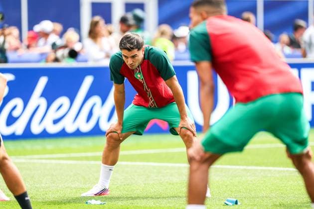 RECORD DATE NOT STATED FIFA World Cup, WM, Weltmeisterschaft, Fussball 2026 - Quarterfinals - France v Morocco Brahim Diaz player of Morocco during the warm-up before the FIFA World Cup quarterfinal match between France and Morocco, at Boston Stadium, in Foxborough, United States, on Thursday, July 09, 2026.(Foto: William Volcov Brazil Photo Press IMAGO) Sports Foxborough MA United States Copyright: xWILLIAMxVOLCOVx