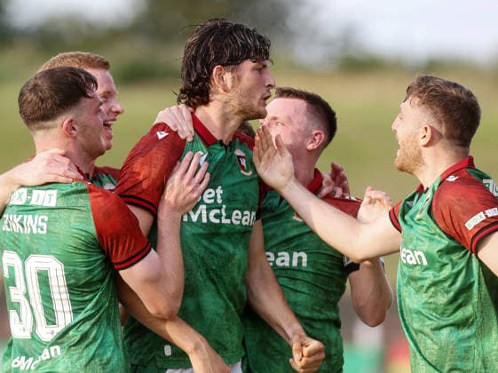 UEFA Europa Conference League First Qualifying Round First Leg, The Oval, Belfast 9 7 2026 Glentoran vs RFS Glentoran™s Zeno Rossi celebrates after scoring to make it 1-0 Zeno Rossi celebrates after scoring to make it 1-0 9 7 2026  Copyright: xx 090726JP3football020
