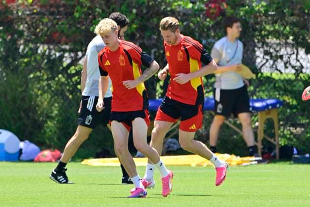 Belgian national football team - FIFA World Cup, WM, Weltmeisterschaft, Fussball 2026 - media activities 09 07 2026 LOS ANGELES, UNITED STATES OF AMERICA - JULY 09 : Seys Joaquin defender of Belgium and De Bruyne Kevin forward of Belgium pictured during a training session ahead of the FIFA World Cup 2026 quarter final match between Spain and Belgium on July 9, 2026 in Los Angeles, United States of America, 09 07 2026 Los Angeles United States of America  Copyright: xJanxDexMeuleneirx