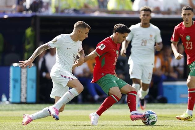 FOXBOROUGH - (LR) Lucas Digne of France, Brahim Diaz of Morocco during the 2026 FIFA World Cup, WM, Weltmeisterschaft, Fussball quarter-final match between France and Morocco at Boston Stadium on July 9, 2026, in Foxborough, Massachusetts, United States. MAURICE VAN STEEN ANP FIFA World Cup 2026 - quarter final 2026 xVIxANPxSportx xMauricexvanxSteenxIVx 563227002 originalFilename: 563227002.jpg