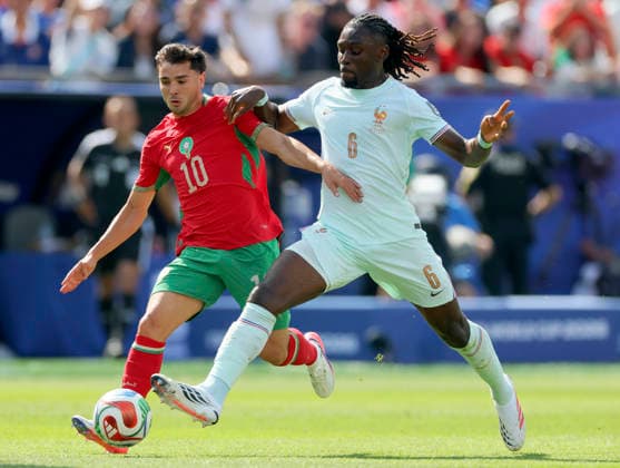 France v Morocco: Quarter Final - FIFA World Cup, WM, Weltmeisterschaft, Fussball 2026 Brahim Diaz of Morocco and Manu Kone of France challenge during the FIFA World Cup 2026 Quarter Final match between France and Morocco at Boston Stadium on July 9, 2026 in Foxborough, United States. Foxborough Boston Stadium MA United States Copyright: xAllstarxPicturexLibraryxLtdx