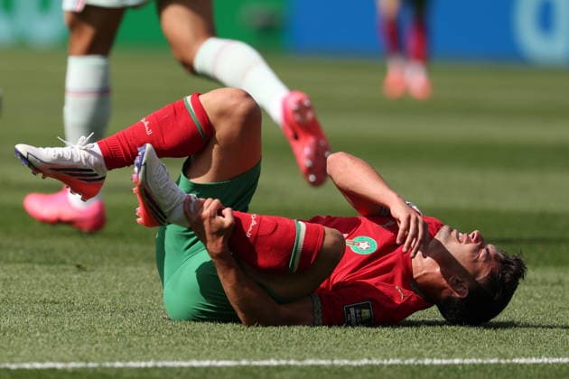 FIFA World Cup, WM, Weltmeisterschaft, Fussball 2026 quarterfinals - France vs Morocco Brahim Diaz of Morocco lies on the ground during the FIFA World Cup 2026 quarterfinals match France against Morocco, in Boston, Massachusetts, USA, 09 July 2026. BOSTON United States  Copyright: xSARAHxYENESELx