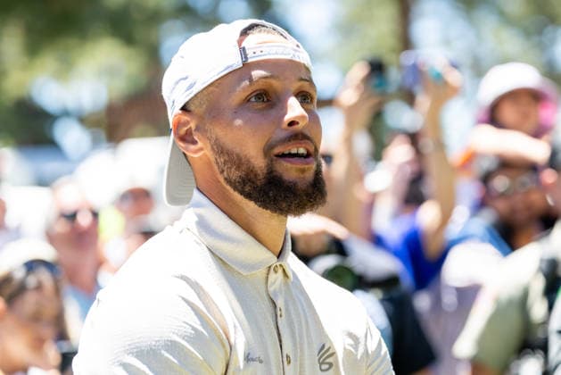 STATELINE, NV - JULY 09: Stephen Curry shoots a basketball during the preview round of the American Century Championship on July 9, 2026 at Edgewood Tahoe Golf Course in Stateline, NV. (Photo by Matthew Huang Icon Sportswire) GOLF: JUL 09 American Century Championship EDITORIAL USE ONLY Icon260709066
