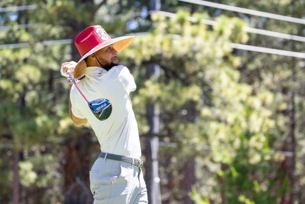 STATELINE, NV - JULY 09: Stephen Curry tees off wearing a sombrero on the 18th hole during the preview round of the American Century Championship on July 9, 2026 at Edgewood Tahoe Golf Course in Stateline, NV. (Photo by Matthew Huang Icon Sportswire) GOLF: JUL 09 American Century Championship EDITORIAL USE ONLY Icon260709068