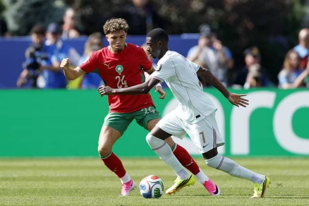 FOXBOROUGH - (LR) Neil el Aynaoui of Morocco, Ousmane Dembele of France during the 2026 FIFA World Cup, WM, Weltmeisterschaft, Fussball quarter-final match between France and Morocco at Boston Stadium on July 9, 2026, in Foxborough, Massachusetts, United States. MAURICE VAN STEEN ANP FIFA World Cup 2026 - quarter final 2026 xVIxANPxSportx xMauricexvanxSteenxIVx 563227562 originalFilename: 563227562.jpg