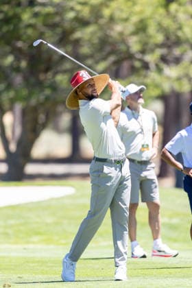 STATELINE, NV - JULY 09: Stephen Curry hits his second shot on the 18th hole during the preview round of the American Century Championship on July 9, 2026 at Edgewood Tahoe Golf Course in Stateline, NV. (Photo by Matthew Huang Icon Sportswire) GOLF: JUL 09 American Century Championship EDITORIAL USE ONLY Icon260709072