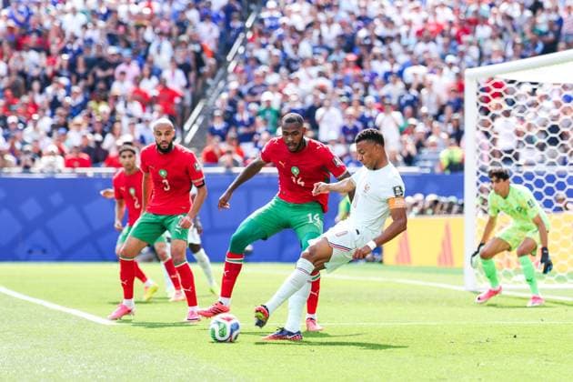 RECORD DATE NOT STATED FIFA World Cup, WM, Weltmeisterschaft, Fussball 2026 - Quarterfinals - France v Morocco Kylian Mbappe player of France and Issa Diop player of Morocco during the FIFA World Cup quarterfinal match between France and Morocco, at Boston Stadium, in Foxborough, United States, on Thursday, July 09, 2026.(Foto: Vanessa Carvalho Brazil Photo Press IMAGO) Sports Copyright: xVanessaxCarvalhox