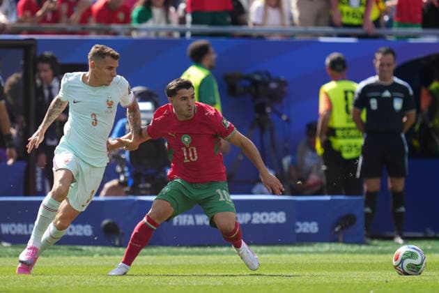 France v Morocco: Quarter Final - FIFA World Cup, WM, Weltmeisterschaft, Fussball 2026 Brahim Diaz of Morocco and Lucas Digne of France compete for the ball during the FIFA World Cup 2026 Quarter Final match between France and Morocco at Boston Stadium on July 9, 2026 in Foxborough, Massachusetts. Foxborough MA United States  Copyright: xJosexBretonx originalFilename:bretonhernandez-francevm260709_npgjb.jpg