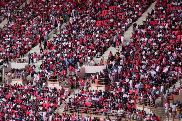 Moroccan supporters watch France v Morocco quarterfinal in Rabat RABAT, MOROCCO - JULY 09: Thousands of Moroccan supporters watch the 2026 FIFA World Cup, WM, Weltmeisterschaft, Fussball quarterfinal match between Morocco and France on a giant screen at Moulay El Hassan Stadium and cheer for their national team, Nationalteam in Rabat, Morocco, on July 9, 2026. Said Echarif Anadolu Rabat Morocco. Editorial use only. Please get in touch for any other usage.  Copyright: x2026xAnadoluxSaidxEcharifx