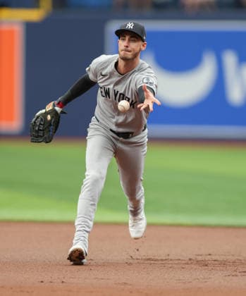 July 9, 2026, St. Petersburg, Florida, USA: New York Yankees left fielder CODY BELLINGER (35) tosses the ball to first based during a game the Tampa Bay Rays. The Tampa Bay Rays hosted the New York Yankees at Tropicana Field in St. Petersburg, FL. St. Petersburg USA - ZUMAm299 20260709_znp_m299_011 Copyright: xTaylorxMcFeex