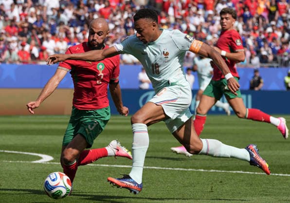 (260710) -- BOSTON, July 10, 2026 -- Kylian Mbappe (front R) of France breaks through during the quarter final match between France and Morocco at the 2026 FIFA World Cup, WM, Weltmeisterschaft, Fussball at Boston Stadium in Boston, the United States, July 9, 2026. ) (SP)U.S.-BOSTON-FOOTBALL-FIFA WORLD CUP-QUARTER FINAL-FRA VS MAR LuixSiuxWai 