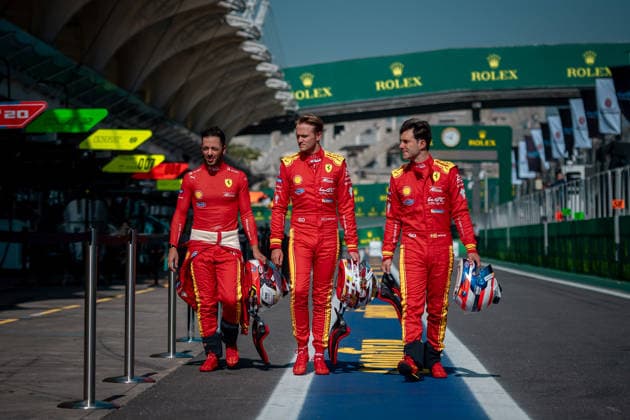 FIA WEC Rolex 6 Horas de São Paulo SaO PAULO, SP - 09.07.2026: FIA WEC ROLEX 6 HORAS DE SaO PAULO - Drivers Antonio Fuoco (ITA), Miguel Molina (ESP) and Nicklas Nielsen (DEN) of the FERRARI AF CORSE team this Thursday (09) at the Brazilian stage of the 2026 FIA World Endurance Championship (WEC) season. The championship arrives this week at Interlagos, Sao Paulo, for the Rolex 6 Hours of Sao Paulo, between July 10 and 12. (Photo: Luis Franca Fotoarena) x2982311x  LuisxFranca