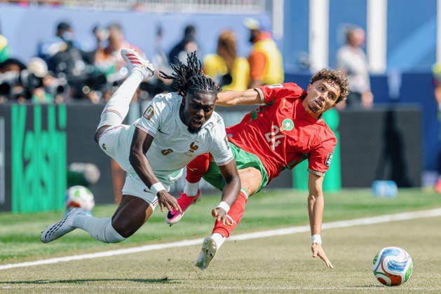 France vs. Morocco BOSTON, MA - 09.07.2026: FRANCE VS. MOROCCO - KONE Manu of France challenges EL AYNAOUI Neil of Morocco for the ball during the match between France and Morocco, valid for the quarterfinals of the 2026 World Cup, held at Gillette Stadium in Boston, United States. (Photo: Marcelo Machado de Melo Fotoarena) x2982364x  MarceloxMachadoxdexMelo
