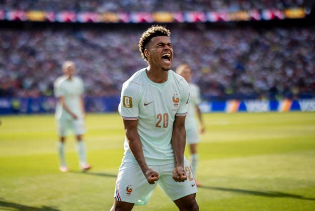 Boston, USA 09th Jul 2026. Goal celebration: Desire Doue (FRA) France - Morocco World Cup Frankreich - Marokko 09.07.2026 *** Boston, USA, July 9, 2026 Goal celebration Desire Doue FRA France Morocco World Cup France Morocco July 9, 2026