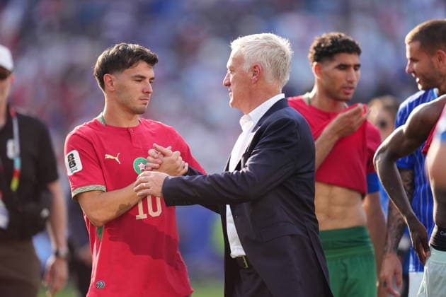 France defeats Morocco to reach FIFA World Cup, WM, Weltmeisterschaft, Fussball 2026 semi-finals FOXBOROUGH, USA - JULY 9: Head coach of France Didier Deschamps comforts Brahim Diaz (10) of Morocco after the 2026 FIFA World Cup Quarter Final match between France and Morocco at Boston Stadium (Gillette Stadium) in Foxborough, Massachusetts, United States on July 9, 2026. Jose Hernandez Anadolu Massachusetts United States. Editorial use only. Please get in touch for any other usage.  Copyright: x2026xAnadoluxJosexHernandezx