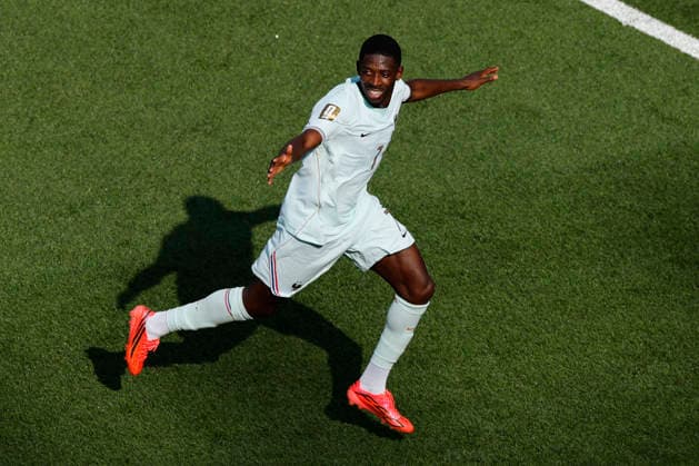 France forward Ousmane Dembélé celebrates his goal against Morocco during the second half of a Quarter-final FIFA World Cup, WM, Weltmeisterschaft, Fussball match at Boston Stadium in Foxborough on Thursday, July 9, 2026.  BOS20260709325 CJxGUNTHER