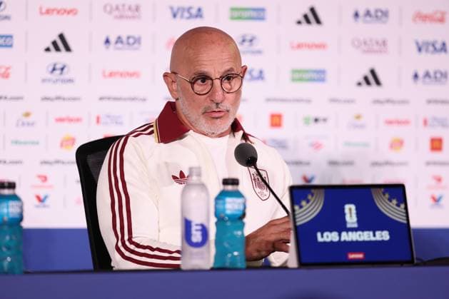 Spain s head coach Luis de la Fuente pictured during a press conference, PK, Pressekonferenz of Spanish national soccer team La Roja, on Thursday 09 July 2026 at SoFi Stadium, Inglewood, Los Angeles County, California, USA. The Rode Duivels - Diables Rouges qualified for the knockout stage of the 2026 FIFA World Cup, WM, Weltmeisterschaft, Fussball where they ll meet Spain in the round of 8 on July 10th. BRUNOxFAHY  x180812024x