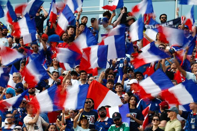 July 9, 2026; Foxborough, Massachusetts, USA; France supporters wave the French flag after a quarterfinal match of the FIFA World Cup, WM, Weltmeisterschaft, Fussball 2026 between France and Morocco at Boston Stadium. (c) CSM - ZUMAc04_ 20260709_zma_c04_056 Copyright: xBurtxGranofskyx