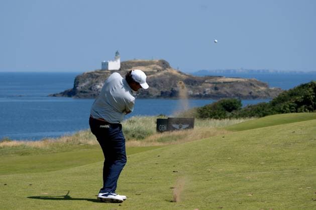 UK: The Genesis Scottish Open at The Renaissance Club, North Berwick, Scotland on 09 July 2026: Pictured: Eugenia Chacarra (Spain) on the 4th fairway with Fidra Island and lighthouse in the background during the first round of the Genesis Scottish Open Championship 2026 North Berwick The Renaissance Club Scotland Scotland Copyright: xAlexxToddx