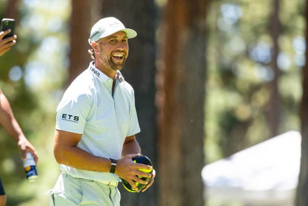 STATELINE, NV - JULY 09: Adam Thielen smiles with a football on the seventh hole during the preview round of the American Century Championship on July 9, 2026 at Edgewood Tahoe Golf Course in Stateline, NV. (Photo by Matthew Huang Icon Sportswire) GOLF: JUL 09 American Century Championship EDITORIAL USE ONLY Icon260709081