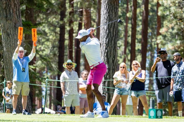 STATELINE, NV - JULY 09: Ray Allen tees off on the second hole during the preview round of the American Century Championship on July 9, 2026 at Edgewood Tahoe Golf Course in Stateline, NV. (Photo by Matthew Huang Icon Sportswire) GOLF: JUL 09 American Century Championship EDITORIAL USE ONLY Icon260709088