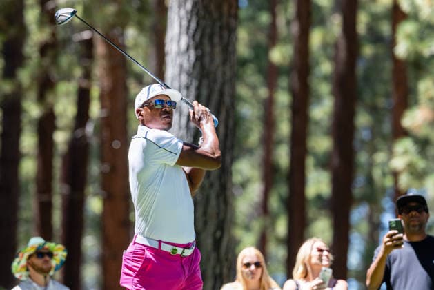 STATELINE, NV - JULY 09: Ray Allen tees off on the second hole during the preview round of the American Century Championship on July 9, 2026 at Edgewood Tahoe Golf Course in Stateline, NV. (Photo by Matthew Huang Icon Sportswire) GOLF: JUL 09 American Century Championship EDITORIAL USE ONLY Icon260709089