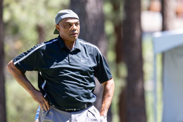 STATELINE, NV - JULY 09: Charles Barkley watches his tee shot on the seventh hole during the preview round of the American Century Championship on July 9, 2026 at Edgewood Tahoe Golf Course in Stateline, NV. (Photo by Matthew Huang Icon Sportswire) GOLF: JUL 09 American Century Championship EDITORIAL USE ONLY Icon260709105
