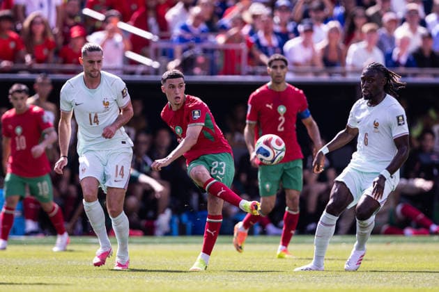 France v Morocco: Quarter Final - FIFA World Cup, WM, Weltmeisterschaft, Fussball 2026 FOXBOROUGH, MA - JULY 9: Bilal El Khannouss 23 of Morocco passes the ball during the FIFA World Cup 2026 Quarter Final match between France and Morocco at Boston Stadium on July 9, 2026 in Foxborough, USA. (Photo by Victor Monteiro PxImages) Foxborough Boston Stadium MA USA Copyright: xVictorxMonteirox