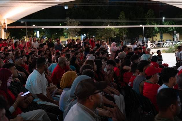 Moroccan fans in Bologna for France vs Morocco BOLOGNA, ITALY JULY 9, 2026: Moroccan football fans gather in Piazza Lucio Dalla in Bologna to watch the FIFA World Cup, WM, Weltmeisterschaft, Fussball quarter-final between Morocco and France on a giant screen. Several hundred supporters cheered on the Atlas Lions as Morocco was defeated 2 0 by France, ending its World Cup campaign. Bologna Italy Copyright: x xLeonardoxGaravagliax xJNAxPressx