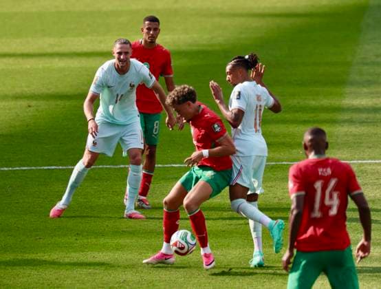 FOXBOROUGH, MASSACHUSETTS - JULY 09: Neil El Aynaoui of Team Morocco competes for the ball during the FIFA World Cup, WM, Weltmeisterschaft, Fussball 2026 Round of 16 match between France and Morocco at Boston Stadium on July 9, 2026 in Foxborough, Massachusetts.  Copyright: xVCGx 111653416628