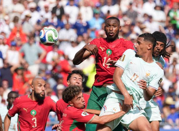 260710 -- BOSTON, July 10, 2026 -- William Saliba front R of France jumps for a header against Issa Diop front C of Morocco during the quarter final match between France and Morocco at the 2026 FIFA World Cup, WM, Weltmeisterschaft, Fussball at Boston Stadium in Boston, the United States, July 9, 2026. SPU.S.-BOSTON-FOOTBALL-FIFA WORLD CUP-QUARTER FINAL-FRA VS MAR LuixSiuxWai  (SP)U.S.-BOSTON-FOOTBALL-FIFA WORLD CUP-QUARTER FINAL-FRA VS MAR IMAGO LuixSiuxWai  imago images 0861205903